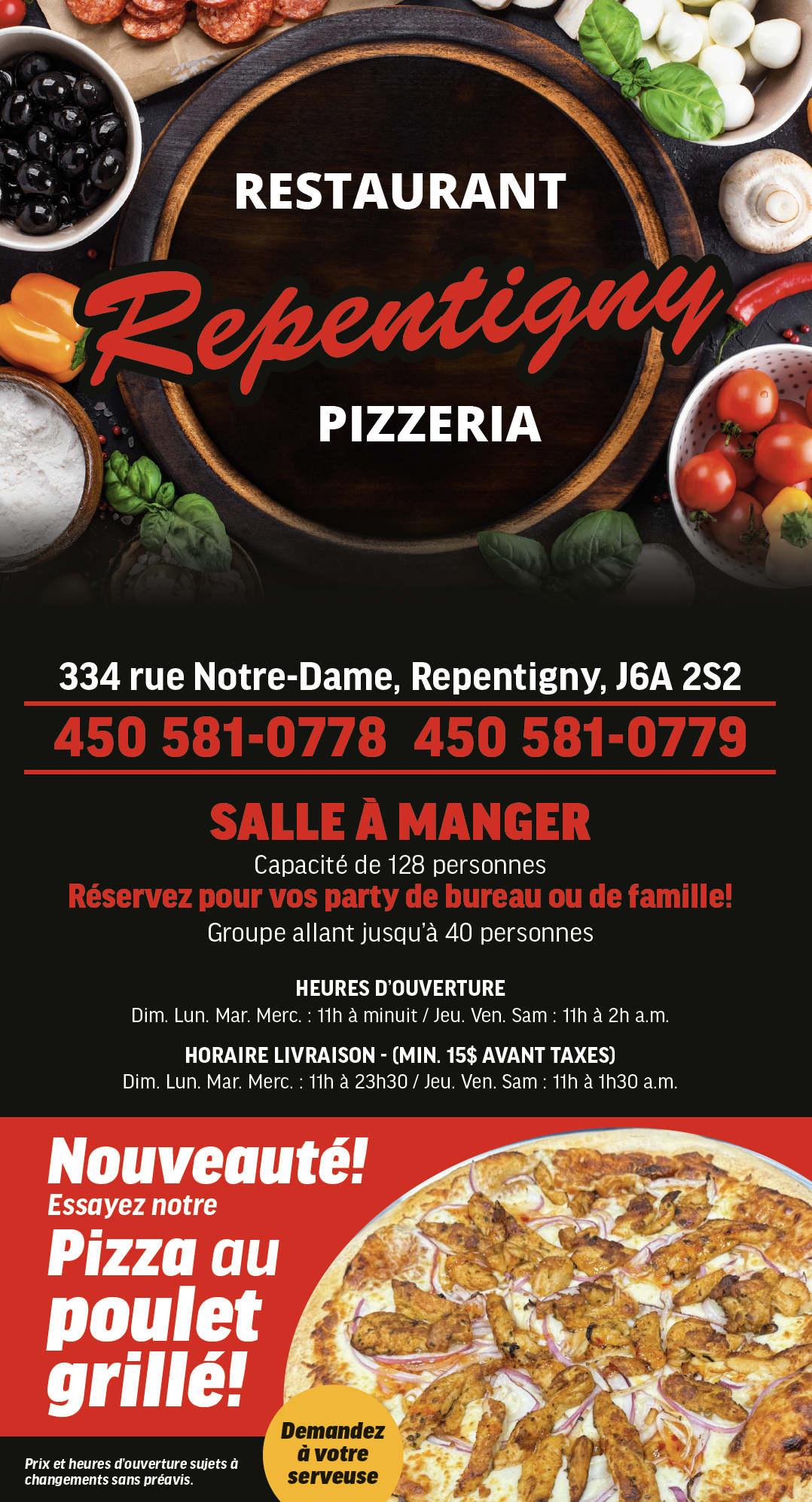 Menu Repentigny pizzeria